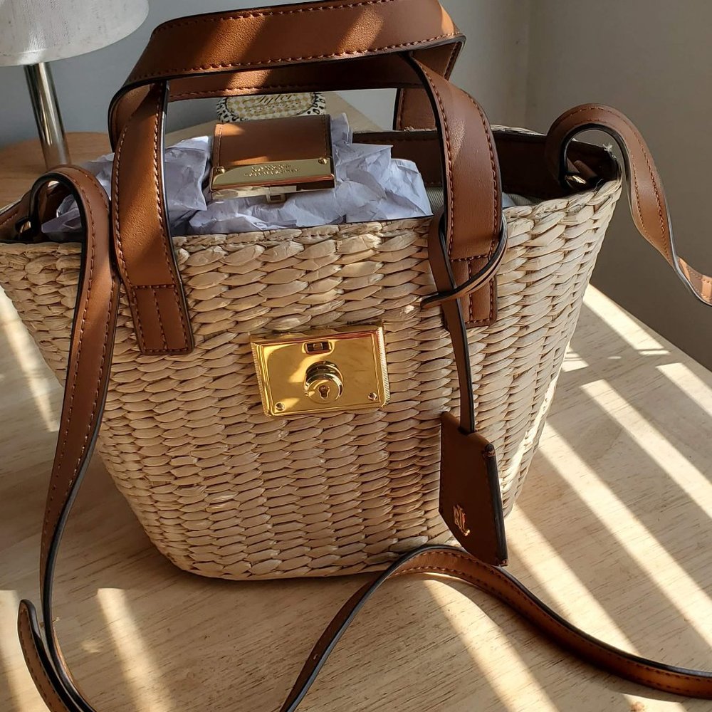 NWT Lauren Ralph Lauren straw & leather summer tote